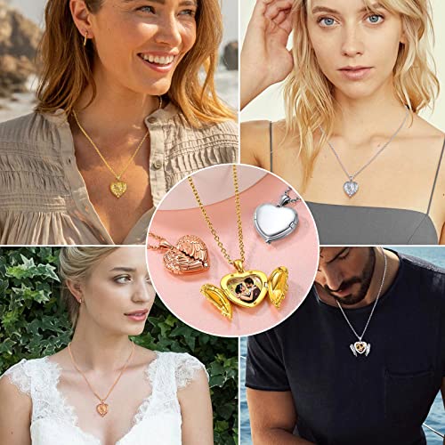 FindChic Locket Necklace for Women Custom Photo Memorial Gifts 4 Colors | Silver/Black/Rose Gold/Gold Plated Personalized for Loved Ones, Birthday Valentine's Day Keepsake - style: 02. Angel Wing 2-Rose Gold