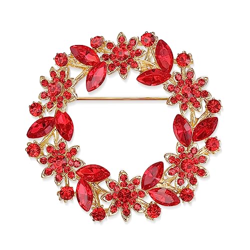 EVER FAITH Sparkly Rhinestone Crystal Flower Wreath Brooches Pin, Vintage Garland Brooch for Women - color: Red Gold-Tone