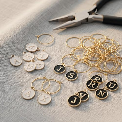 112 Pcs Wine Glass Charms Set, 60 Gold Hoop Rings + 52 Black & White Letter Beads Enamel Initial Charms, Zinc Alloy Iron Drink Markers for Stem Glasses, Wine Charm Identifier for Thanksgiving Christmas Party Favors Decor