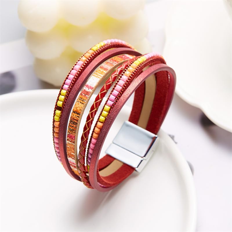 Women's Multi Layer Leather Wrap Bracelet String Bracelets for Women, Boho Braid Multi-Layer Crystal Beads Cuff Women Bracelet Jewelry - color: Red