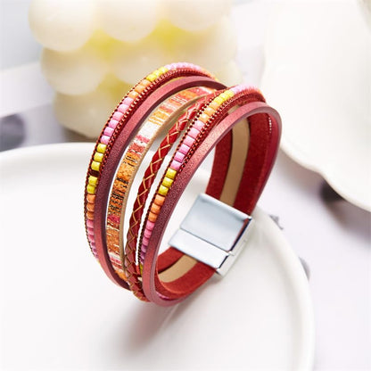 Women's Multi Layer Leather Wrap Bracelet String Bracelets for Women, Boho Braid Multi-Layer Crystal Beads Cuff Women Bracelet Jewelry - color: Red