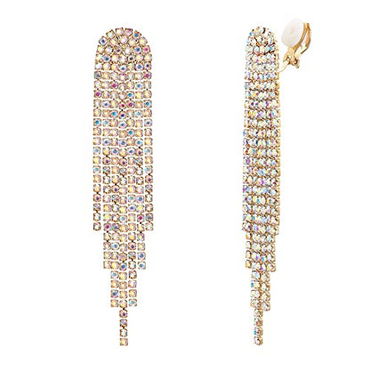 Clip-on Earrings Rhinestone Dangling for Women Fashion Long Chandelier Sparkle Crystal Tassel Dangle Drop Earring - color: Iredescent AB Gold-Tone