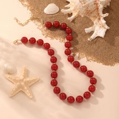 Colorful Beaded Necklace for Women Boho Statement Chunky Necklace Natural Stone Beads Gemstone Choker Necklaces Handmade Summer Beach Jewelry - color: Red