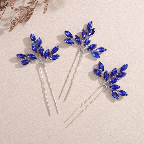 Teyglen 3pcs Bridal Crystal Hair Pins Rhinestones Hair Pieces Simple Crystal Wedding Hair Accessories Handmade Hair Pins for Women Bride (Blue) - color: Blue