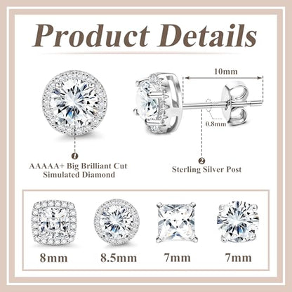 MILACOLATO S925 Sterling Silver Stud Earrings for Women Men Hypoallergenic 18K Gold Plated Cubic Zirconia Earrings Studs Brilliant Simulated Diamond Halo Earring for Sensitive Ears - style: 18K White Gold Plated - Medium Size CZ