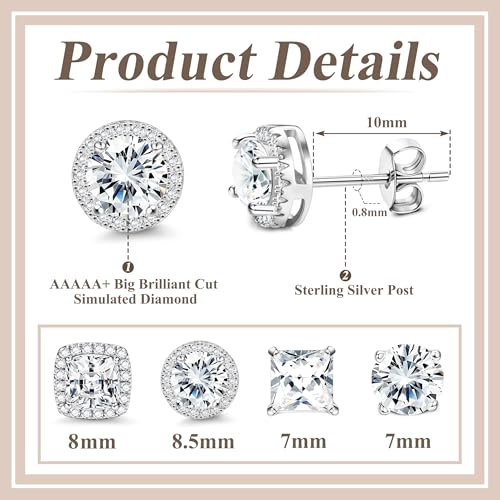 MILACOLATO S925 Sterling Silver Stud Earrings for Women Men Hypoallergenic 18K Gold Plated Cubic Zirconia Earrings Studs Brilliant Simulated Diamond Halo Earring for Sensitive Ears - style: 18K White Gold Plated - Medium Size CZ