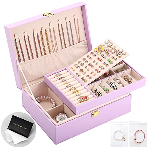Jewelry Box for Girls Women Leather Jewelry Organizer with Lock Double Layers Jewelry Storage Case Removable Tray for Necklace Earring Ring with Polishing Cloth and Jewelry Bags, Home Decor Gifts - color: Purple