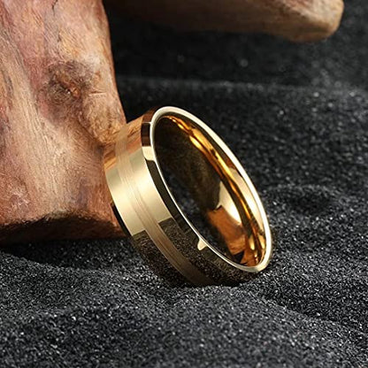 King Will Classic Tungsten Carbide Ring Brushed Two Grooved Center Hammered Design Mens Wedding Band for Men | Black/Silver/Gold, 8mm, Men's Wedding Band, Grooved, Comfort Fit, Everyday Wear - color: A-Gold 8mm