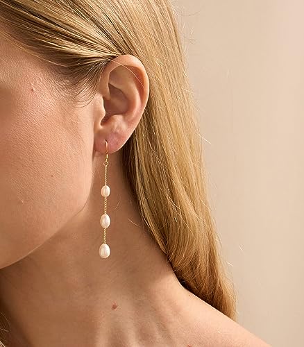 Long Pearl Earrings for Women 925 Sterling Silver Dangle Earrings | Hypoallergenic Dainty Dangle Drop Earrings, Elegant Pearl Jewelry for Bridal, Mother's Day Anniversary Birthday Jewelry Gift - color: Gold Pearl Dangle