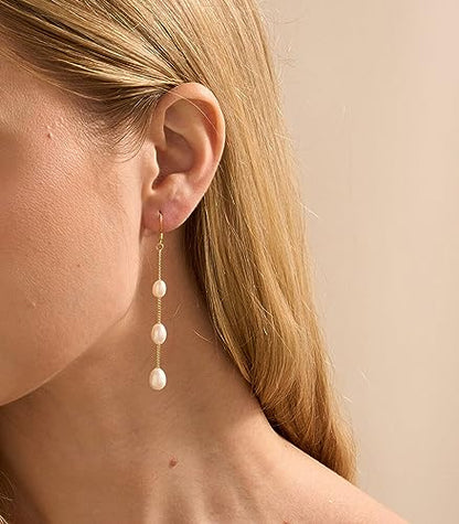 Long Pearl Earrings for Women 925 Sterling Silver Dangle Earrings | Hypoallergenic Dainty Dangle Drop Earrings, Elegant Pearl Jewelry for Bridal, Mother's Day Anniversary Birthday Jewelry Gift - color: Gold Pearl Dangle