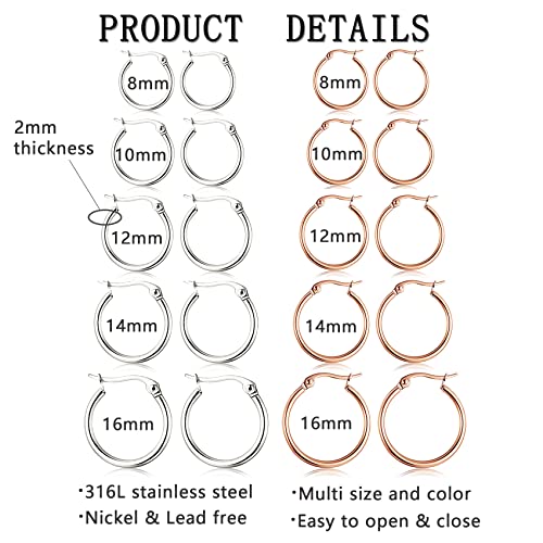 5-10 Pairs Small Gold Silver Hoop Earrings for Women, Stainless Steel Earrings Set Mens Lightweight Thin Hypoallergenic Small Hoops Set - style: 10pcs-R+S 8-16mm