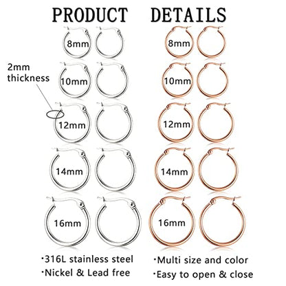5-10 Pairs Small Gold Silver Hoop Earrings for Women, Stainless Steel Earrings Set Mens Lightweight Thin Hypoallergenic Small Hoops Set - style: 10pcs-R+S 8-16mm