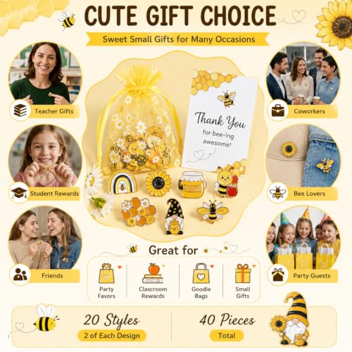 Giegxin 40 Pcs Bee Enamel Pins Bulk, 20 Styles 2 of Each, Cute Lapel Pin Set with Sunflower Gnome Honeycomb Designs for Backpacks Jackets Hats Bags, Party Favors Gifts for Women and Girls - style: Bee