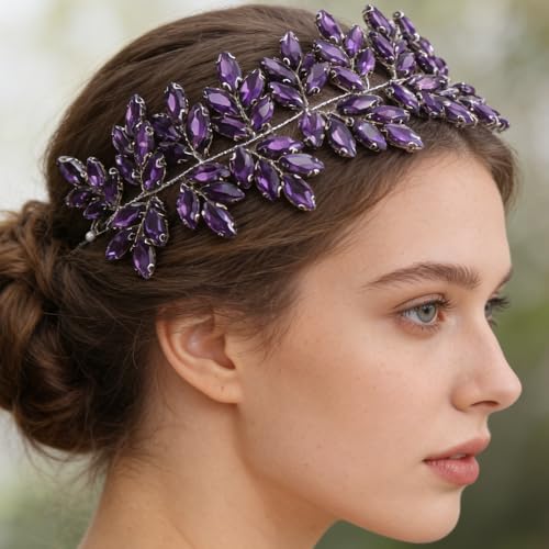 Missgrace Women Silver Green Black Red Blue Handmade Full Crystal Rhinestone Large Headband Hair Vine Shinny Headpiece Bridal Wedding Hair Accessories for Women (Purple) - color: Purple
