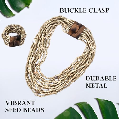 Shop LC Seed Bead Necklace Bracelet Set Boho Jewelry for Women | Multi Layered Boho, Wooden Clasp, 18 Inch Necklace, Stretchable Bracelet - color: Beige