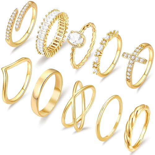 10 PCS 14K Gold Plated Rings Set for Women, Dainty Gold Knuckle Ring Non Tarnish, Simple Thumb Stacking Rings Pack Size 6/7/8/9/10 - color: gold