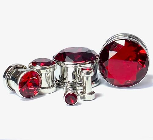 PAIR of Stunning Large CZ Red Gem Screw Fit Tunnels - Plugs - Gauges - Body Jewelry - size: 0g (8mm)
