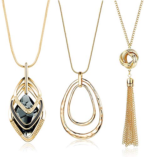 3PCS Long Pendant Necklaces for Women Disk Circle Pendant Triple Stack Pendant Necklace Tassel Sweater Necklace Statement Necklace Y Necklaces Set - color: Goldtone A