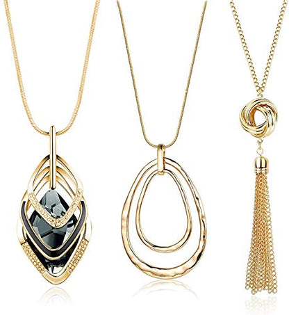 3PCS Long Pendant Necklaces for Women Disk Circle Pendant Triple Stack Pendant Necklace Tassel Sweater Necklace Statement Necklace Y Necklaces Set - color: Goldtone A