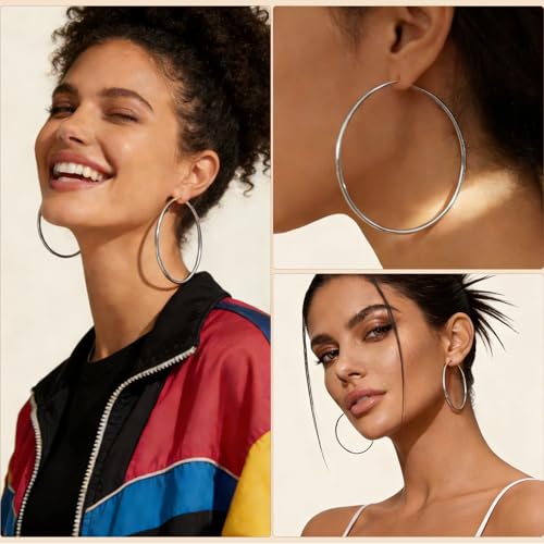 5/8 Pairs Gold Silver Hoop Earrings for Women Stainless Steel Jewelry Set | 30 40 50 60 70 mm, 14K Gold Plated Stainless Steel, Hypoallergenic, Lightweight, Thin, Small Medium Large Dangle - color: 5 Pair/Silver (30/40/50/60/70mm)