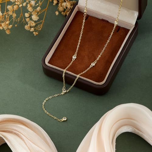 Lariat Gold Necklaces for Women Trendy Dainty Long Necklace 14k Gold Plated/Silver Layered Drop Beaded Chain Necklaces Y-shaped Pendant Necklace Simple Gold Jewelry Gifts - color: 5 CZ-Gold