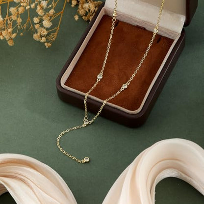 Lariat Gold Necklaces for Women Trendy Dainty Long Necklace 14k Gold Plated/Silver Layered Drop Beaded Chain Necklaces Y-shaped Pendant Necklace Simple Gold Jewelry Gifts - color: 5 CZ-Gold