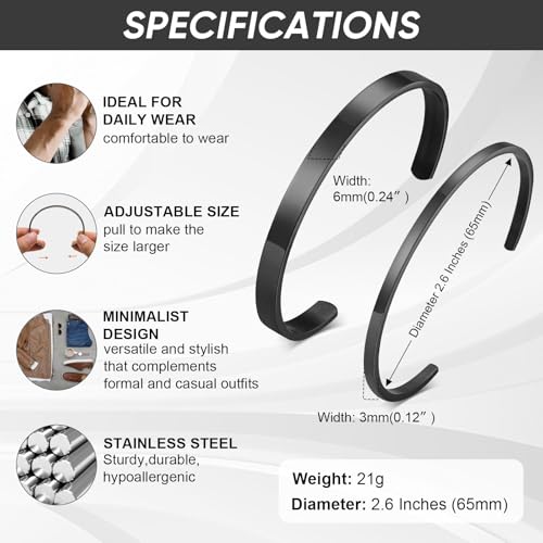Stainless Steel Mens Cuff Bracelet : Minimal Cool Silver/Black/Gold Plated Open Metal Cuff Bangle Bracelets for Men,Mens Bracelet Jewelry Gift - color: Black-2-Pack, size: Medium( fit 5.5"-7.2" wrist)