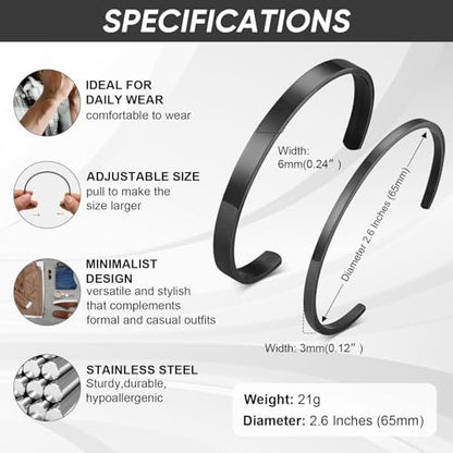 Stainless Steel Mens Cuff Bracelet : Minimal Cool Silver/Black/Gold Plated Open Metal Cuff Bangle Bracelets for Men,Mens Bracelet Jewelry Gift - color: Black-2-Pack, size: Medium( fit 5.5"-7.2" wrist)