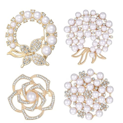 4pcs Crystal Pearl Brooch, Flower Pearl Brooch Pins for Women | Fashion Elegant Glod Crystal Floral Brooches for Dress Coat Shawl Wedding Appreciation Decor