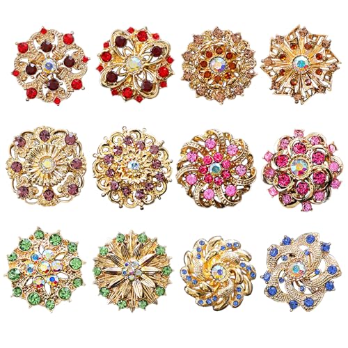 12Pcs Vintage Flower Brooches Set Crystal Rhinestone Brooches for Women Fashion Rhinestone Pins for Women DIY Bridal Wedding Bouquet Crafts - color: Multicolor