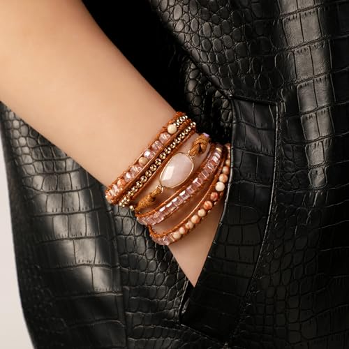 Artilady Leather Wrap Bracelet for Women, Pearl Beaded Bangle Stack Jewelry | Easy on-off, Elegant Handmade Multi-Layered, Daily Casual Date Beach Vacation, Gift for Ladies, Mother, Sister & Friend - style: Pink stone