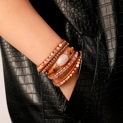 Artilady Leather Wrap Bracelet for Women, Pearl Beaded Bangle Stack Jewelry | Easy on-off, Elegant Handmade Multi-Layered, Daily Casual Date Beach Vacation, Gift for Ladies, Mother, Sister & Friend - style: Pink stone