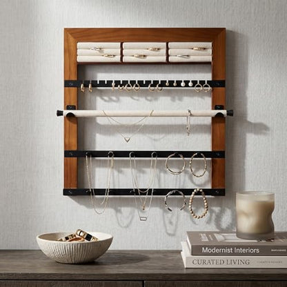 Hives and Honey Tori Wall Hanging Jewelry Rack – Wall-Mounted Organizer with Ring Rolls, Earring Slots, Bracelet Bar & Necklace Hooks, Anti-Tarnish Linen, Walnut - color: Walnut