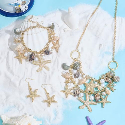 PH PandaHall Mermaid Jewelry Accessories for Women, Gold Starfish Necklace Bracelet Boho Seashell Jewelries Ocean Beach Bib Statement Necklace Earrings for Summer Cosplay Holiday - color: Gold Bracelet & Necklace & Earrrings + Gift Box