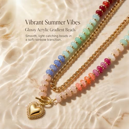 Layered Necklaces for Women Colorful Beaded Necklace with Heart Pendant | Acrylic Choker Chunky Chain Necklace for Women Boho Statement Charm Necklace Double Layered Stacked Jewelry for Summer Beach