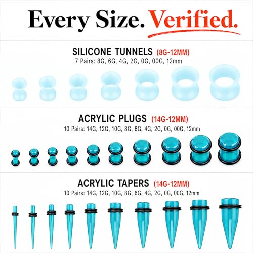 BodyJ4You 54PC Ear Stretching Kit 14G-12mm - Aftercare Jojoba Oil - Acrylic Plugs Gauge Tapers Silicone Tunnels - Lightweight Expanders Men Women - color: Transparent Aqua