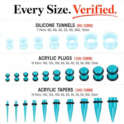 BodyJ4You 54PC Ear Stretching Kit 14G-12mm - Aftercare Jojoba Oil - Acrylic Plugs Gauge Tapers Silicone Tunnels - Lightweight Expanders Men Women - color: Transparent Aqua