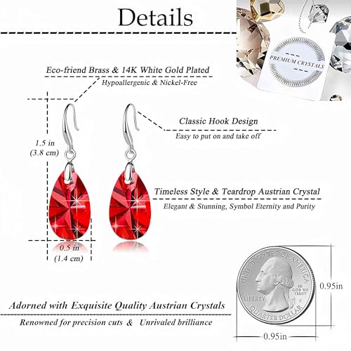Austrian Crystal Teardrop Dangle Hook Earrings for Women 14K Gold Plated Hypoallergenic Jewelry - color: Red