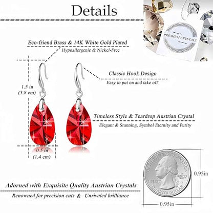 Austrian Crystal Teardrop Dangle Hook Earrings for Women 14K Gold Plated Hypoallergenic Jewelry - color: Red