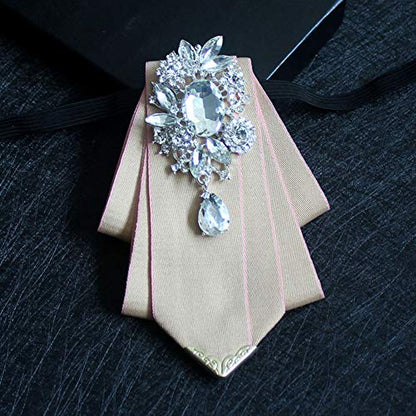 Crystal Bow tie Brooches Collar Pin Jewelry ribbon Fabric Bowknot Pre Tied Neck Tie For men Women wedding bridegroom - color: Beige