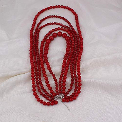 Multilayer Strand Chain Faux Pearls Flapper Beads Cluster Long Choker Necklace - color: Red