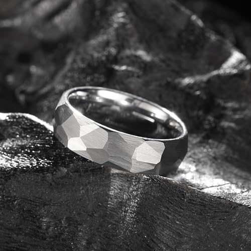 King Will Men's Tungsten Carbide Wedding Ring Hammered Groove Wedding Band Mens Two Tone Engagement Ring for Men and Women Matte Brushed Finish Comfort Fit - color: Silver 6mm