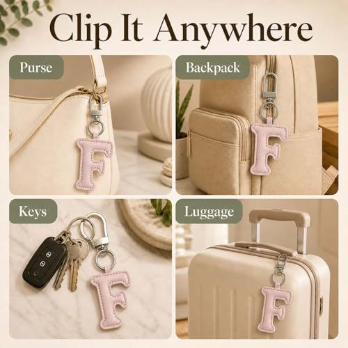 Initial Letter Keychain,Stainless Steel,Colorful Faux Leather Keyring for Backpack,Purse,Car Keys,Gift for Men Women - color: F