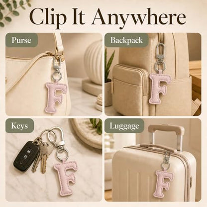 Initial Letter Keychain,Stainless Steel,Colorful Faux Leather Keyring for Backpack,Purse,Car Keys,Gift for Men Women - color: F