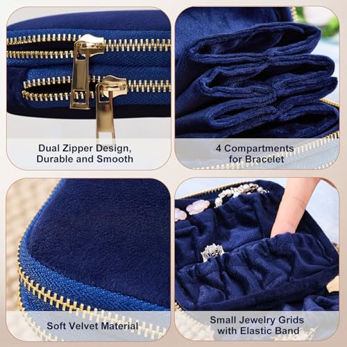 Travel Jewelry Pouch, Double-Layer Velvet Jewelry Organizer with Zipper | Soft velvet jewelry pouch with flexible storage, 7 grids & 4 compartments, lightweight, compact and easy to carry for travel