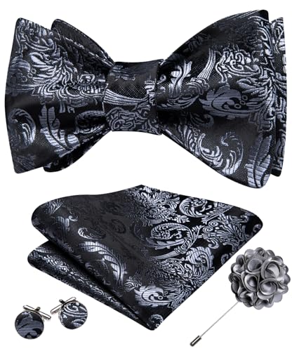 YOHOWA Bow Ties for Men Self-tied Silk Bowtie Solid Color with Lapel Pin and Handkerchief Cufflinks for Wedding Party Prom - color: Black Grey