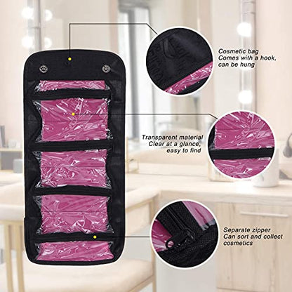 2PCS Roll up Makeup Bag, 4 in 1 Cosmetic Bag Foldable Makeup Bag Clear Makeup Organizer Bag Hanging Toiletry Bag for Women Men (Black) - color: Black