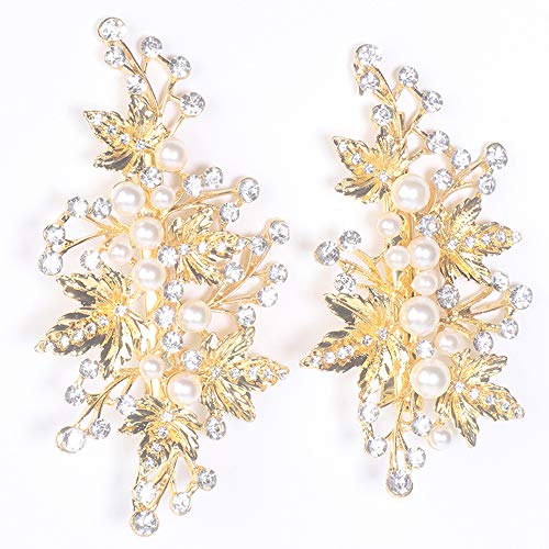 Rhinestone Pearl Alligator Bridal Hair Clips, Set of 2, Gold | For Wedding Prom, Leaf Design, Jewelry Headpiece for Women - color: Gold