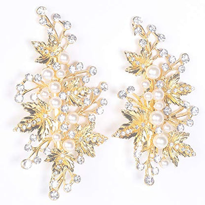 Rhinestone Pearl Alligator Bridal Hair Clips, Set of 2, Gold | For Wedding Prom, Leaf Design, Jewelry Headpiece for Women - color: Gold