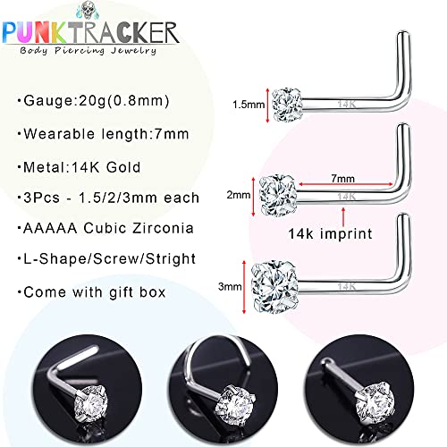 PunkTracker 20g 14K Real Gold Nose Rings CZ Simulated Diamond Nose Studs | Hypoallergenic Nostril Nose Piercing Jewelry for Women Men - color: 3pcs, 1.5/2/3mm, straight